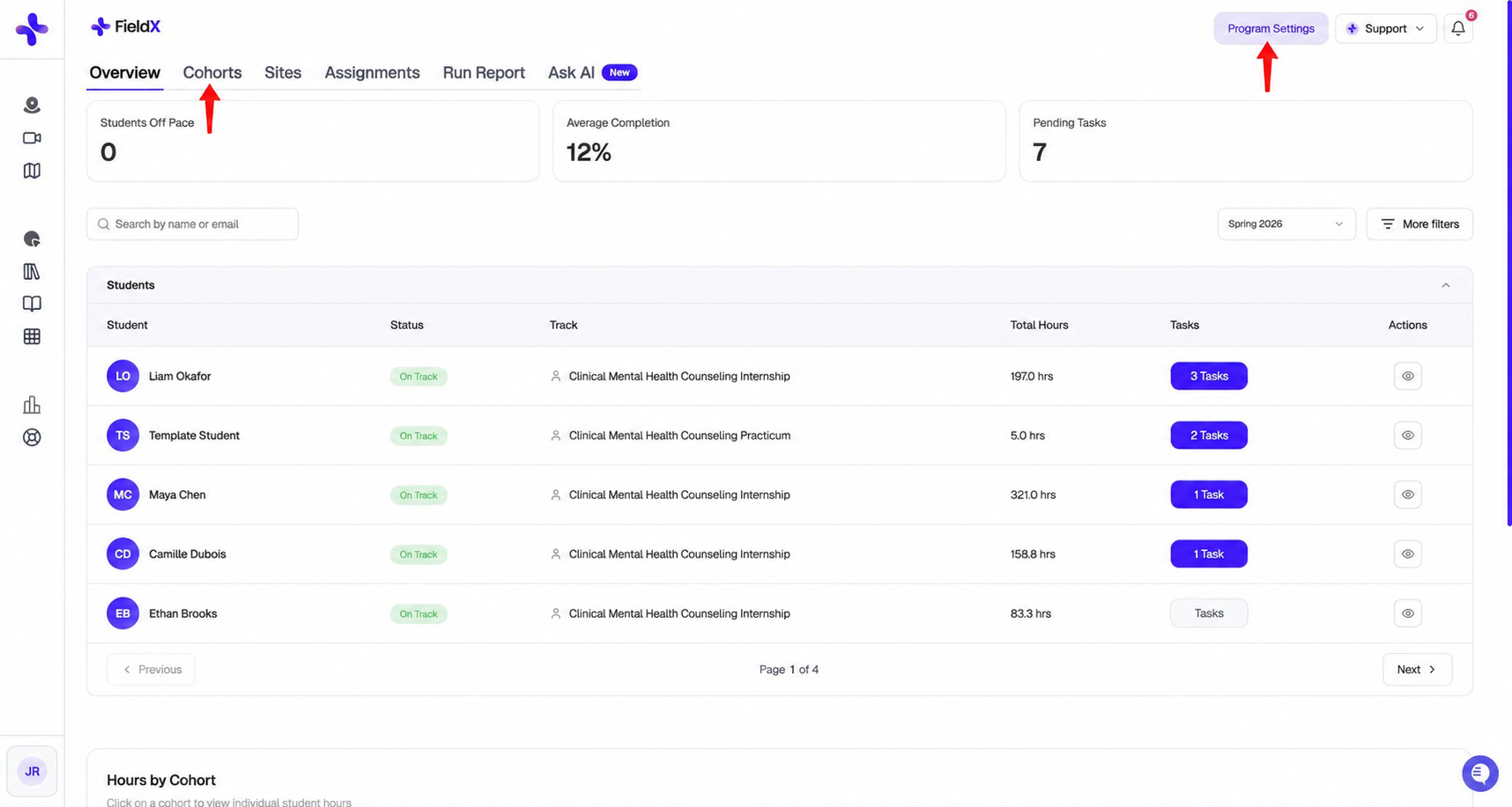 Admin dashboard with red arrows pointing to Cohorts and Program Settings