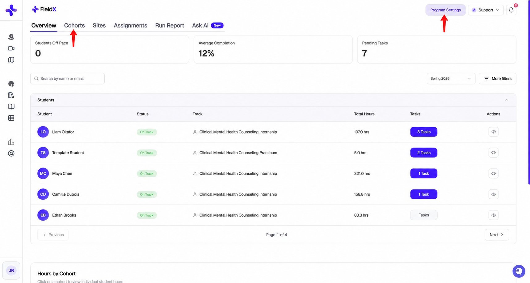 Admin dashboard with red arrows pointing to Cohorts and Program Settings