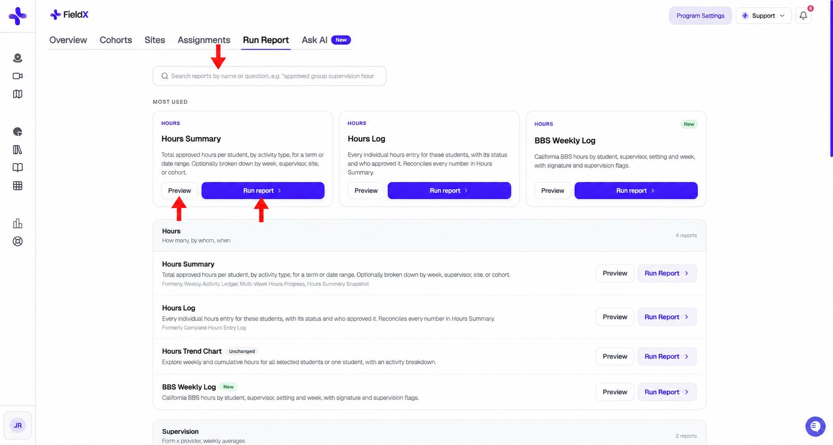 Run Report catalog with red arrows pointing to search, Preview, and Run report