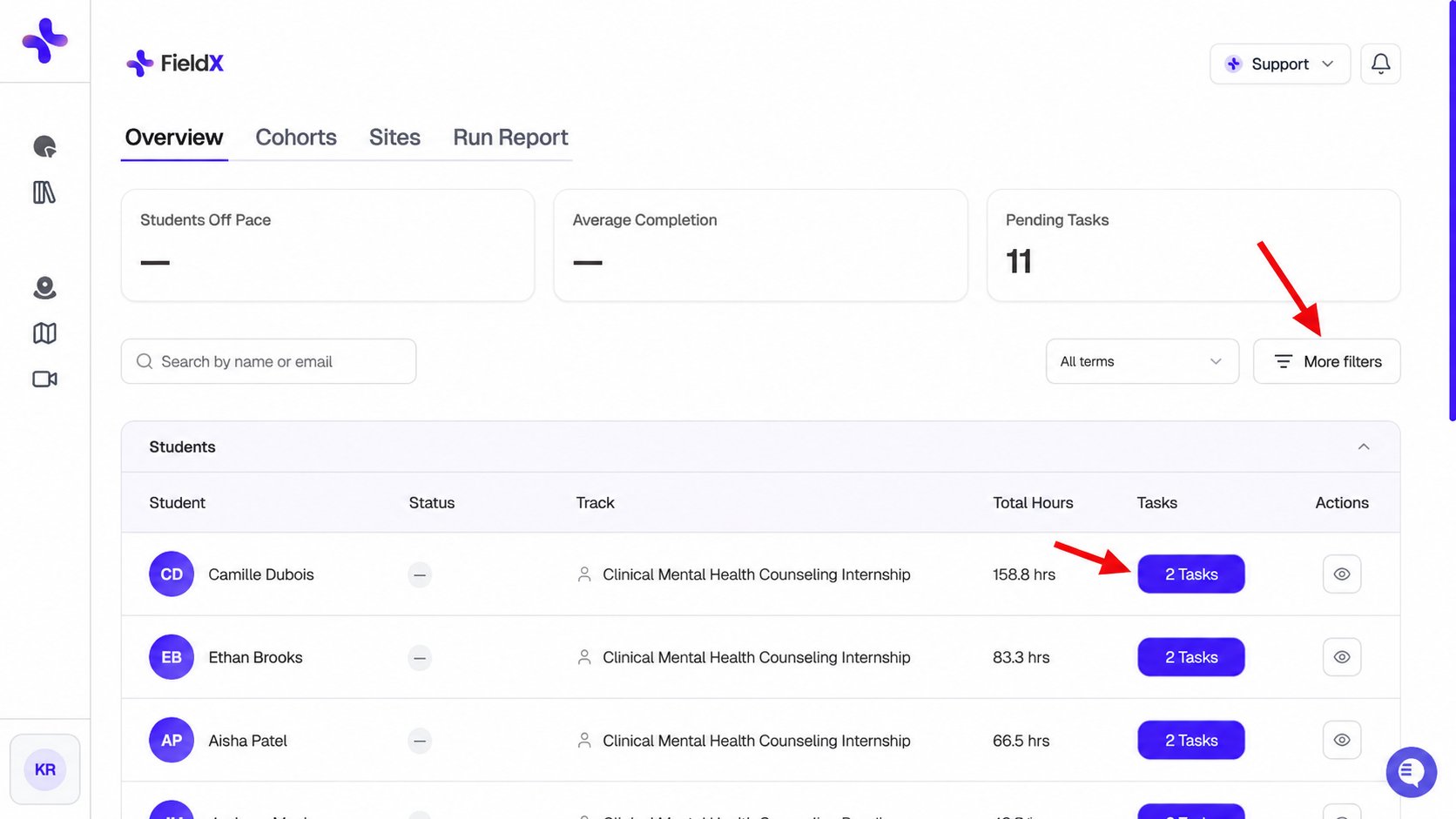 Faculty Overview showing progress cards and a student table, with red arrows pointing to More filters and Tasks