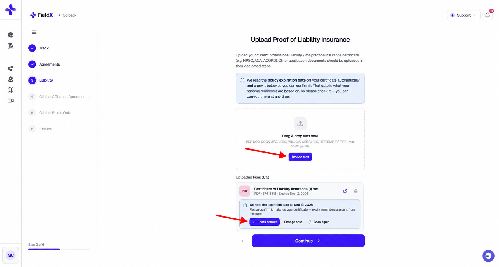 Clearance Liability step with red arrows pointing to Browse files and That's correct in the expiration-date confirmation