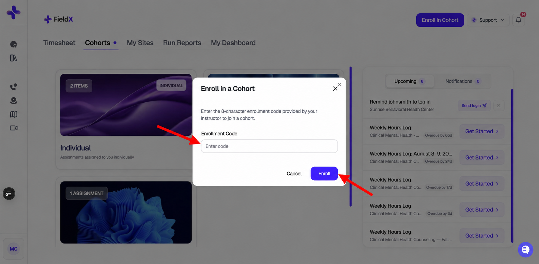 Enroll in a Cohort modal with red arrows pointing to Enrollment Code and Enroll