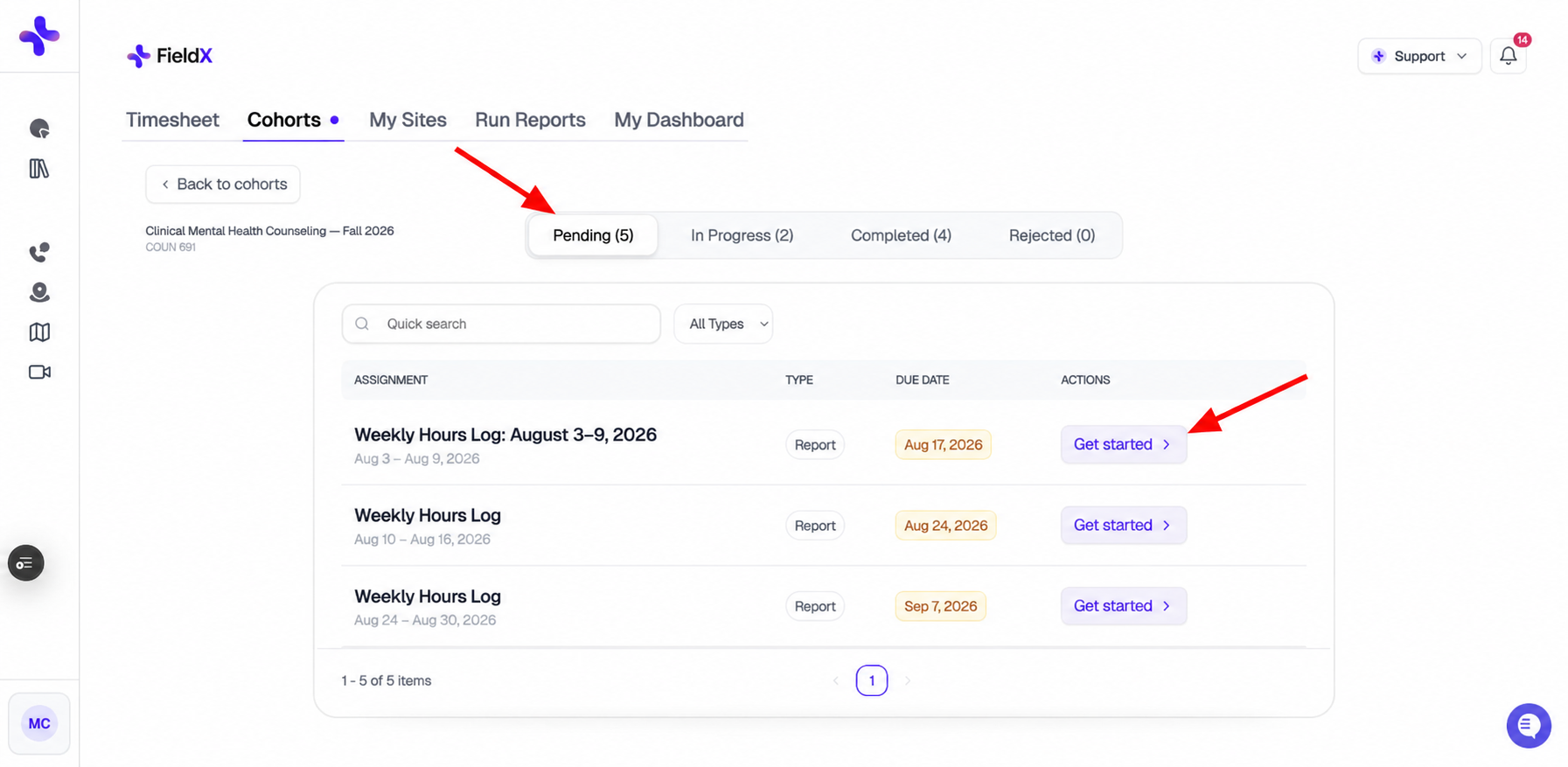 Cohort task list with red arrows pointing to Pending and the first Get started button