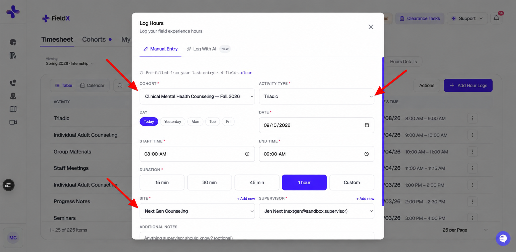 Log Hours modal with red arrows pointing to Cohort, Activity Type, and Site