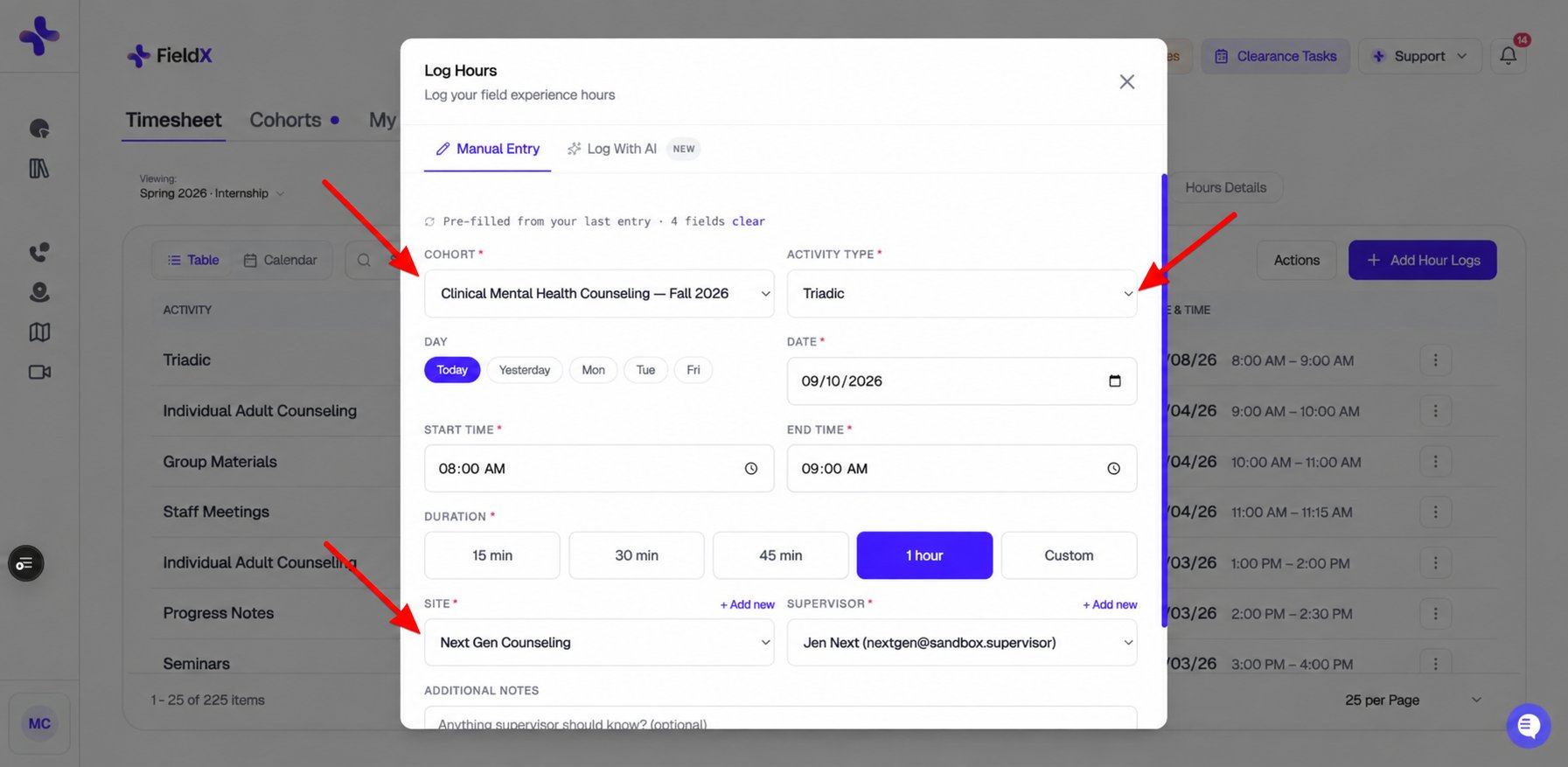Log Hours modal with red arrows pointing to Cohort, Activity Type, and Site