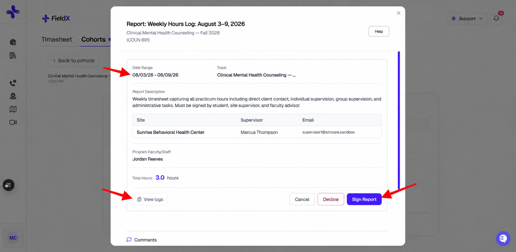 Hours Report detail with red arrows pointing to Date Range, View logs, and Sign Report