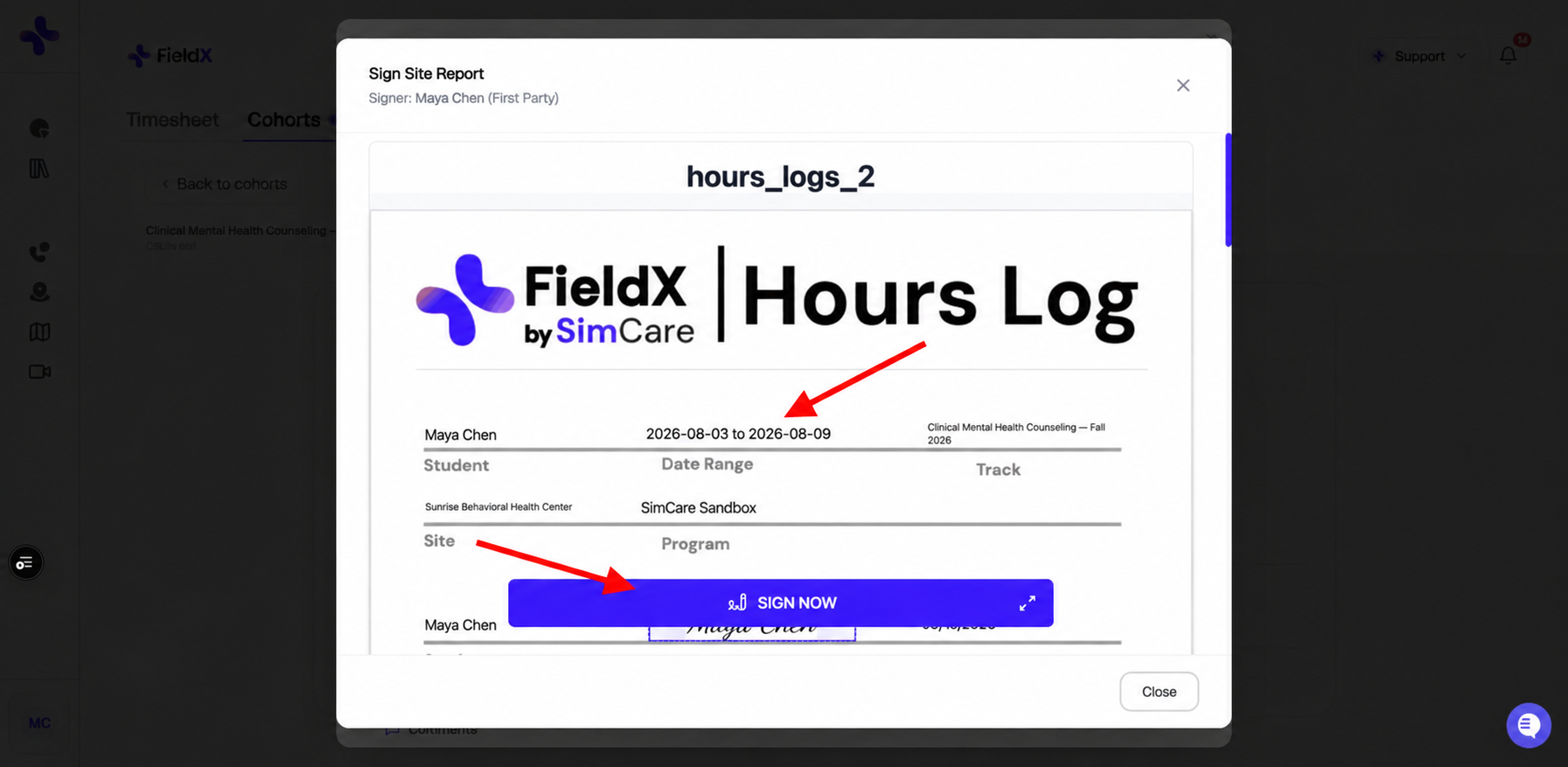 Sign Site Report window with red arrows pointing to the document date range and SIGN NOW