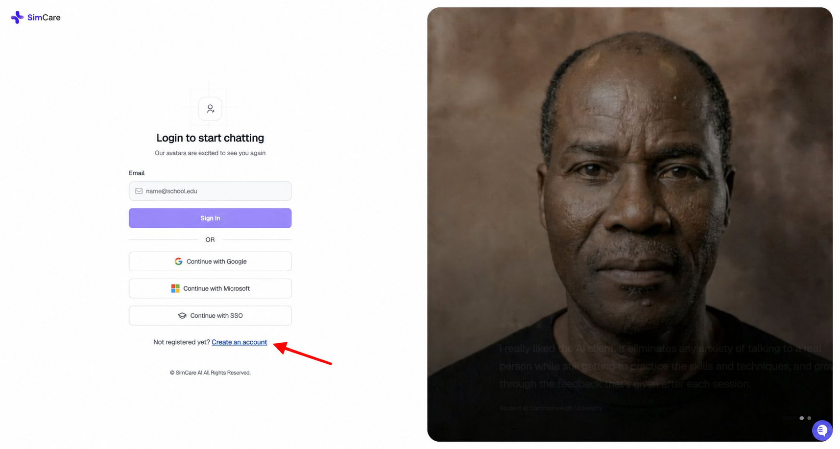 SimCare sign-in page with a red arrow pointing to Create an account