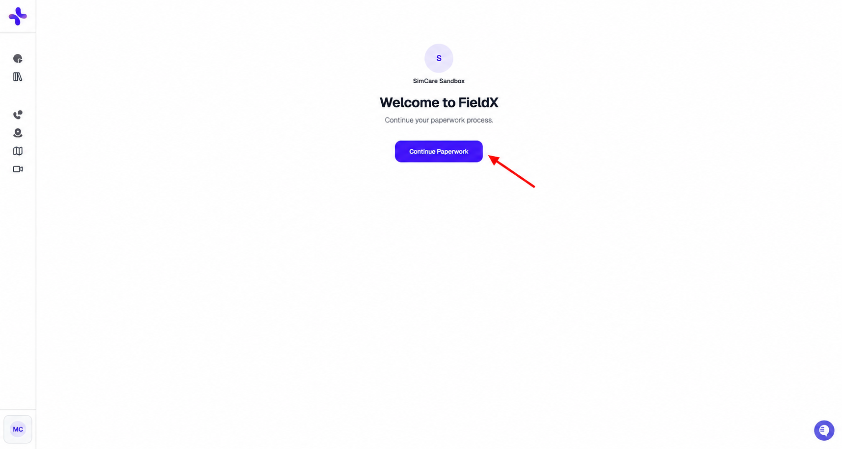 Returning-student Welcome to FieldX page with a red arrow pointing to Continue Paperwork