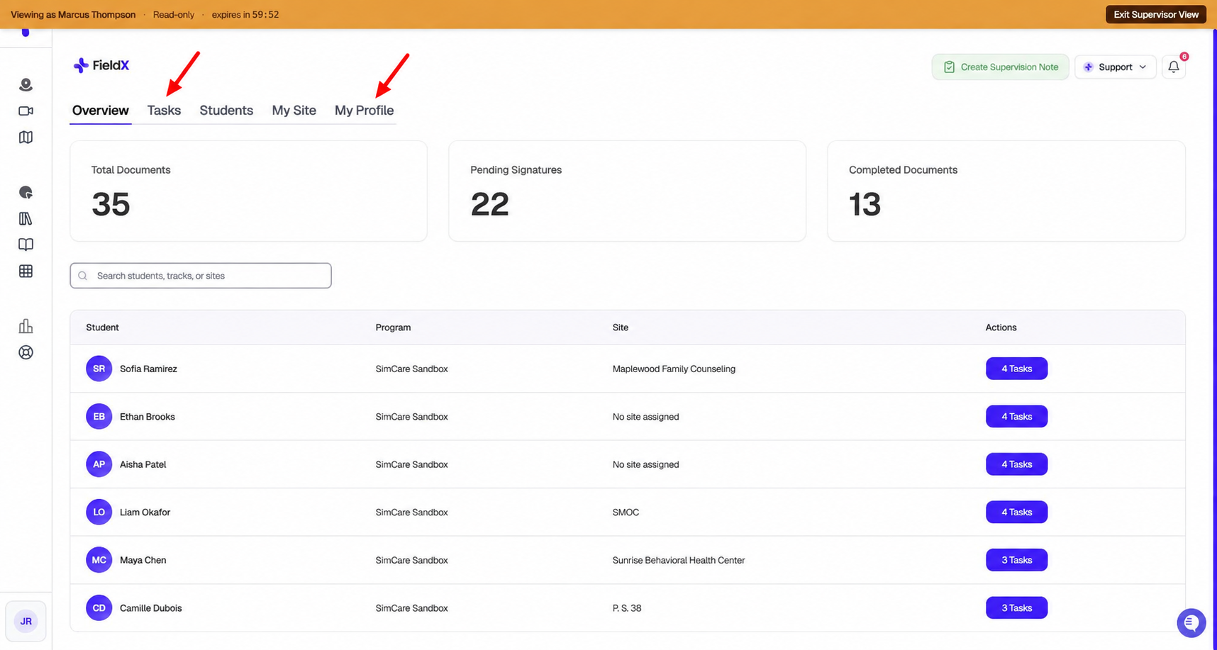 Supervisor Overview with red arrows pointing to Tasks and My Profile; the orange banner identifies administrator read-only access