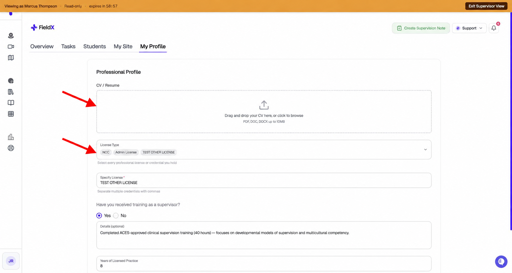 Supervisor Professional Profile with red arrows pointing to the CV upload area and License Type multi-select, with an administrator read-only banner