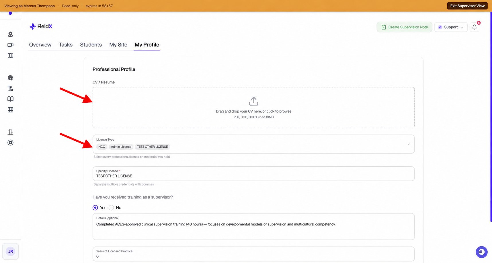 Supervisor Professional Profile with red arrows pointing to the CV upload area and License Type multi-select, with an administrator read-only banner