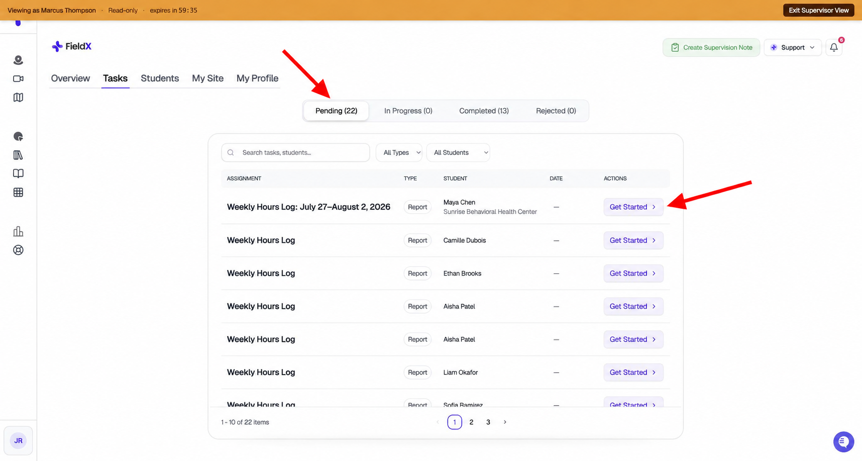 Supervisor Tasks with red arrows pointing to Pending and Get Started, with an administrator read-only banner