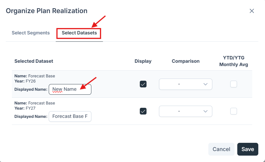 Dialog for renaming a dataset column in the Plan Realization report