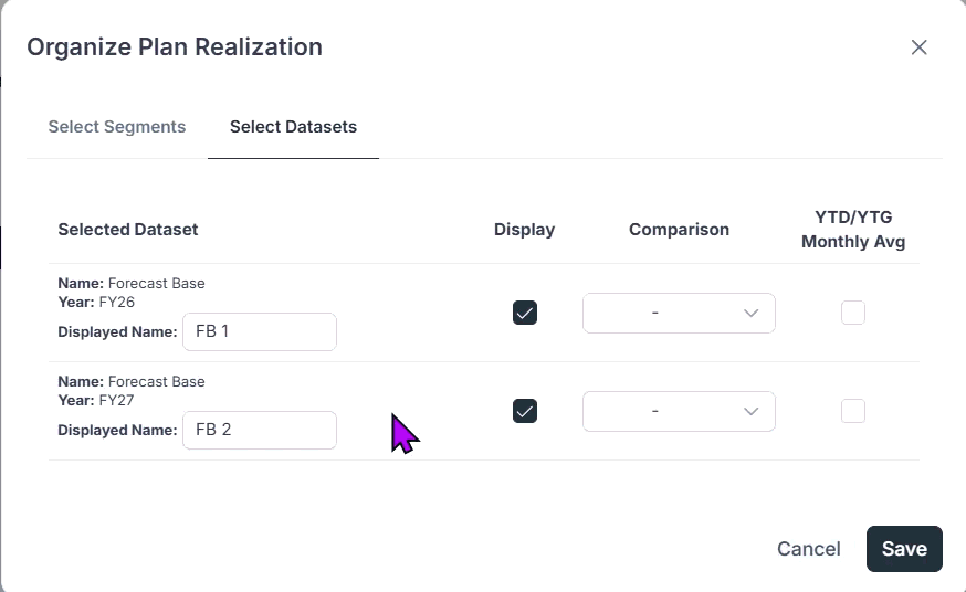 Animation of a dataset column being dragged and dropped into a new position in the Plan Realization report
