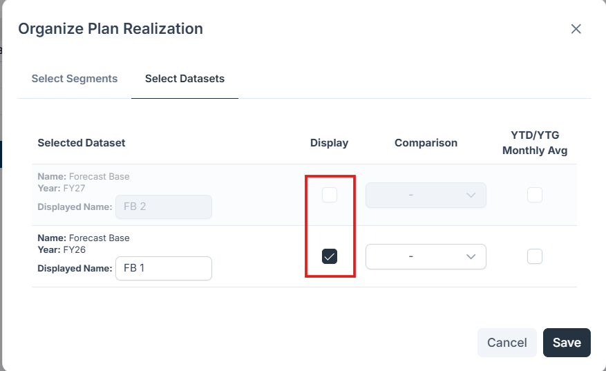 Panel listing the report columns with toggles to hide or show each one