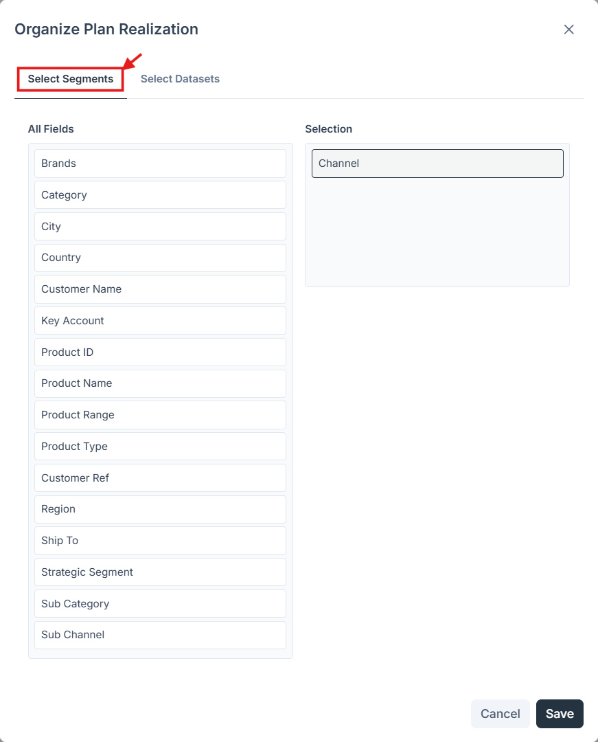 Segment hierarchy selector listing the dimensions available to group the Plan Realization report