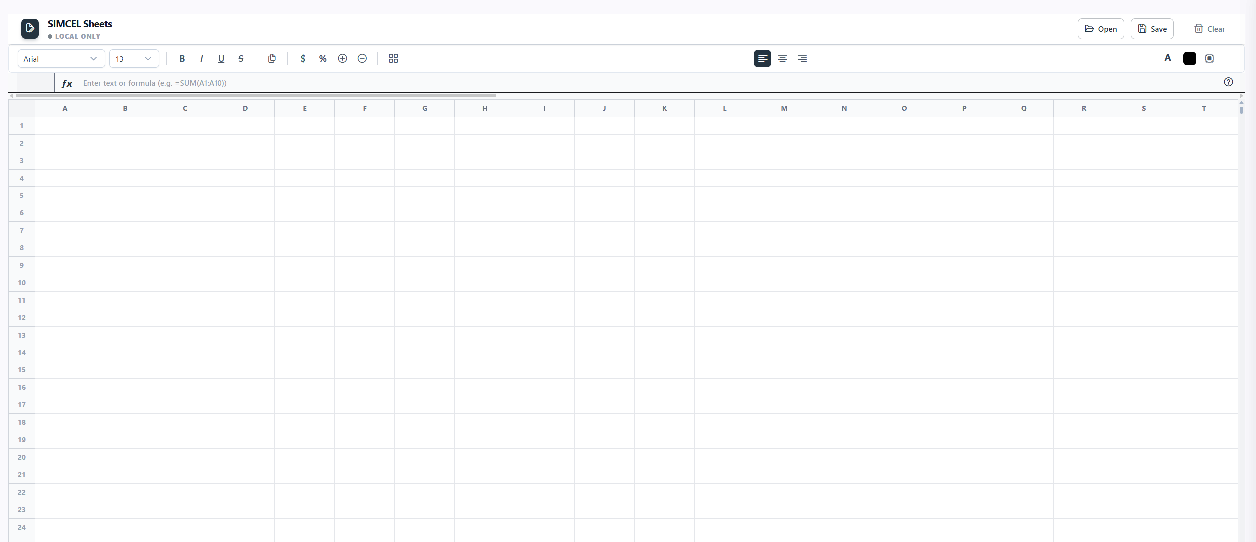 The SIMCEL Sheets editor showing the grid of cells with the toolbar and formula bar above it