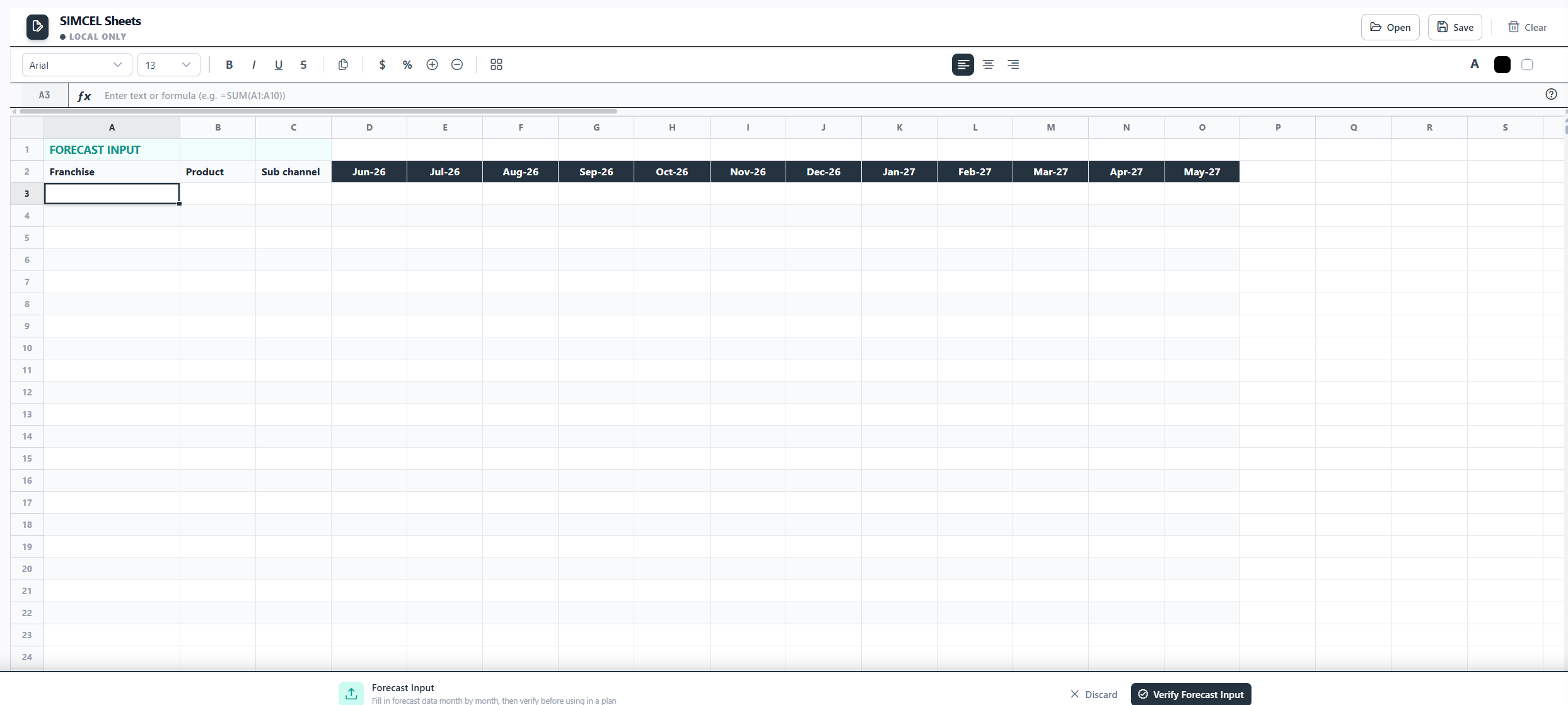 The Forecast Input system sheet showing the header row, the Product and Sub-Channel columns, and monthly columns in Mon-YY format with numeric demand values