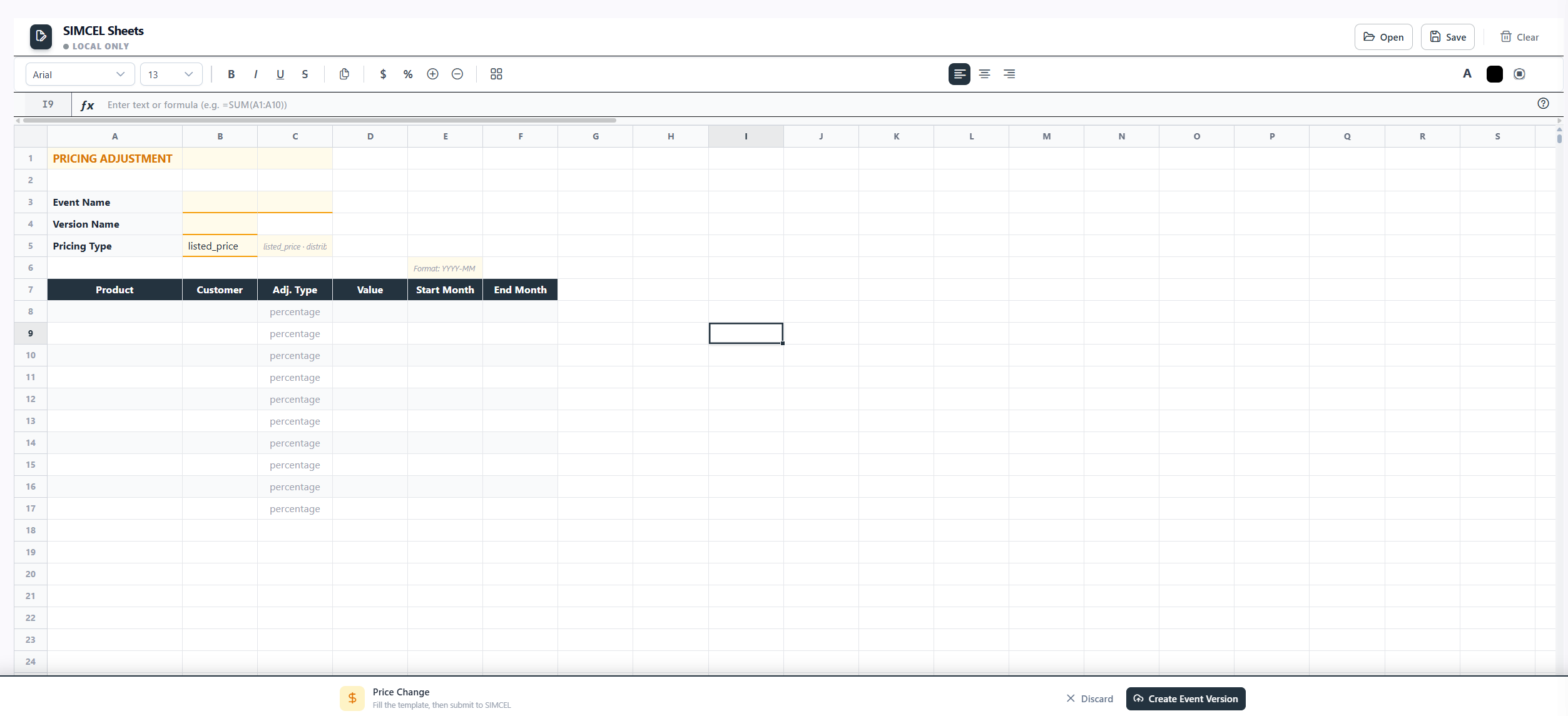 The Pricing Adjustment system sheet showing event name, version name, and description metadata cells above data rows of product and price type with monthly values in YYYY-MM columns