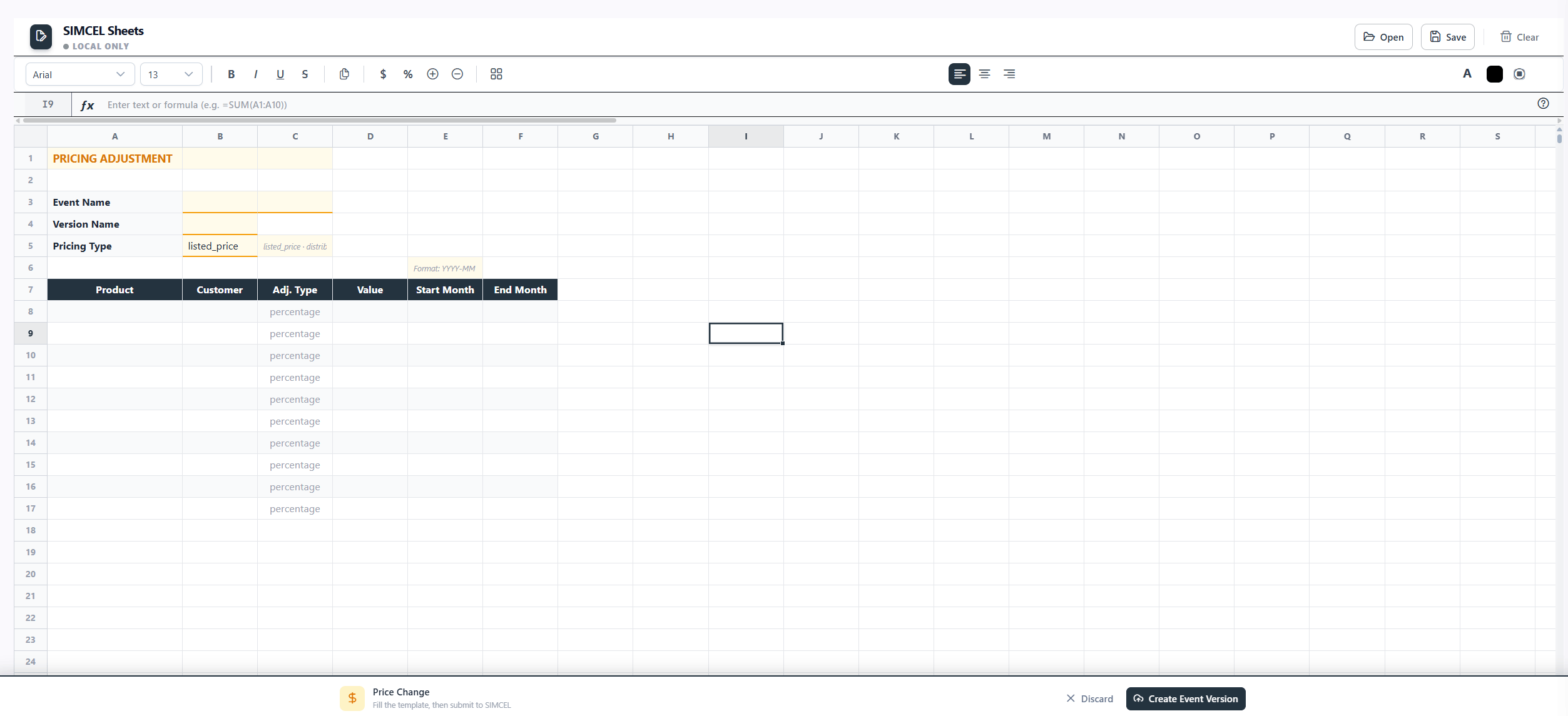The Pricing Adjustment system sheet showing event name, version name, and description metadata cells above data rows of product and price type with monthly values in YYYY-MM columns
