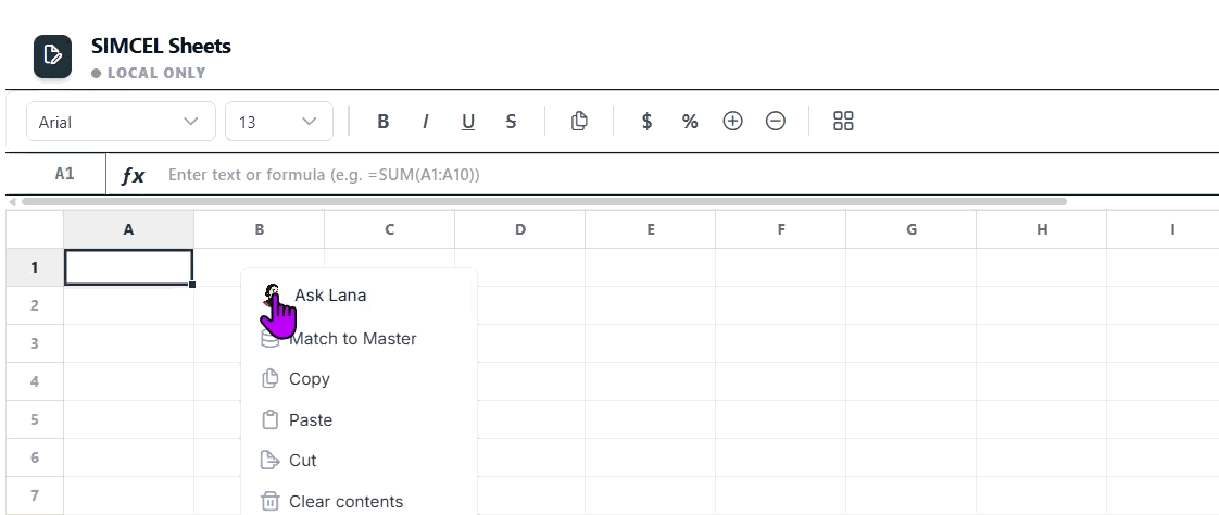 Animation of the Ask Lana dialog receiving a selected range, replying with suggested cell values and reasons, and writing them into the grid with Apply All