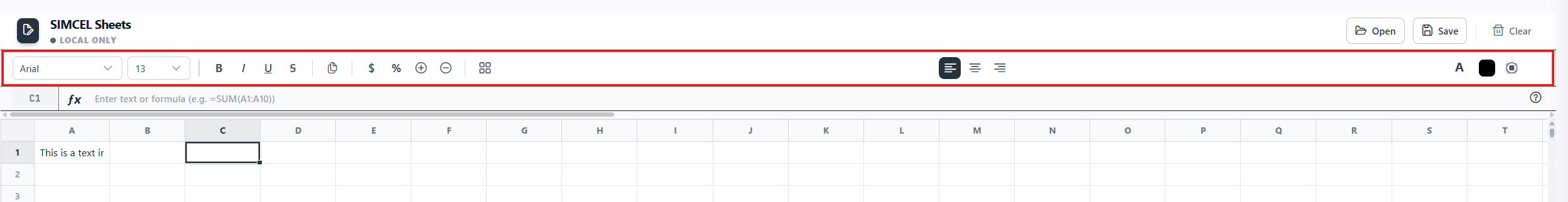 The SIMCEL Sheets toolbar with font family and size selectors, bold, italic, underline and strikethrough toggles, alignment, number format, color pickers, borders, and format painter