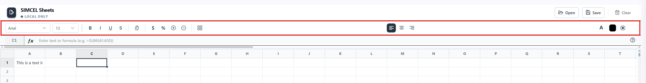 The SIMCEL Sheets toolbar with font family and size selectors, bold, italic, underline and strikethrough toggles, alignment, number format, color pickers, borders, and format painter