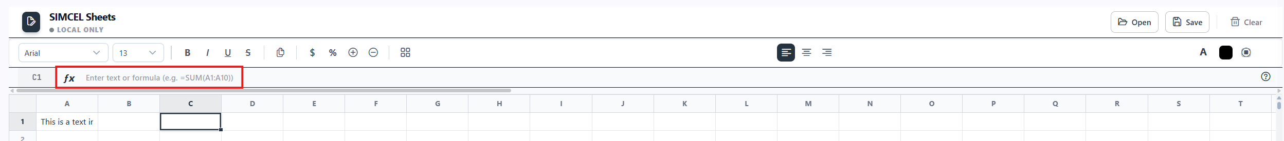 The SIMCEL Sheets formula bar displaying the raw formula stored in the active cell