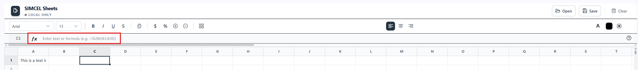 The SIMCEL Sheets formula bar displaying the raw formula stored in the active cell