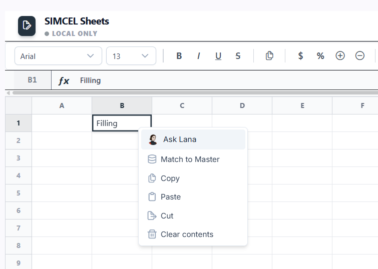 The SIMCEL Sheets cell context menu listing Ask Lana, Match to Master, copy, paste, cut, and clear contents