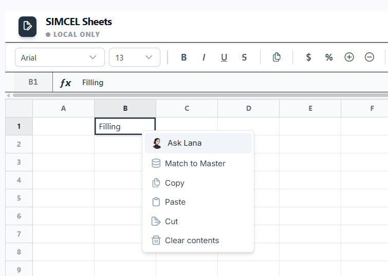 The SIMCEL Sheets cell context menu listing Ask Lana, Match to Master, copy, paste, cut, and clear contents