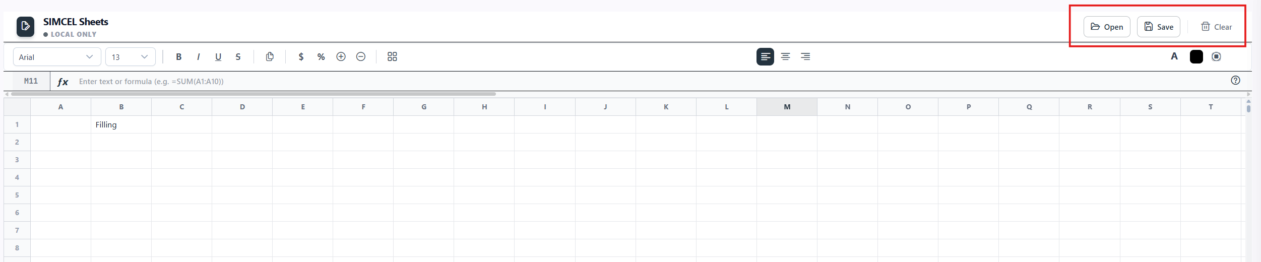 The Open Sheet panel with options for New Blank Sheet and New System Sheet, and a My Sheets list showing each sheet's template type, cell count, and last-modified date