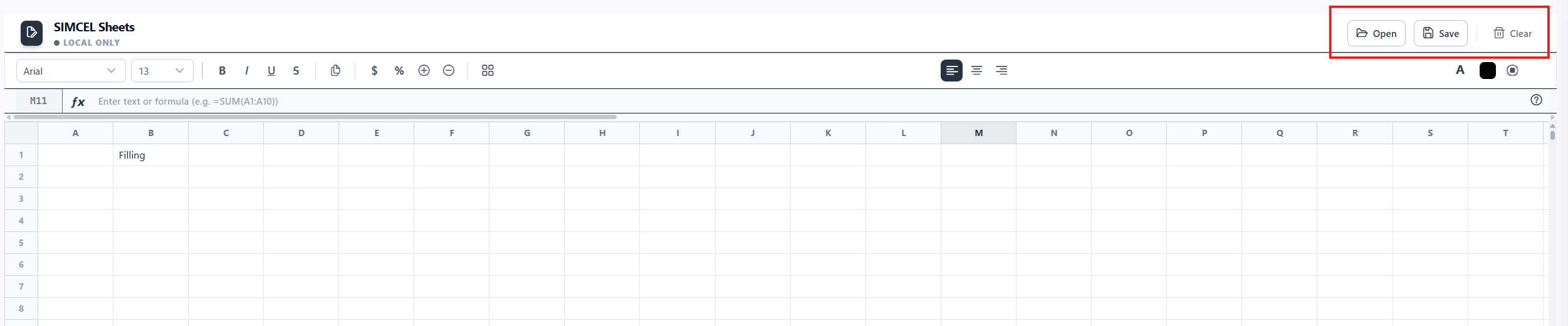 The Open Sheet panel with options for New Blank Sheet and New System Sheet, and a My Sheets list showing each sheet's template type, cell count, and last-modified date