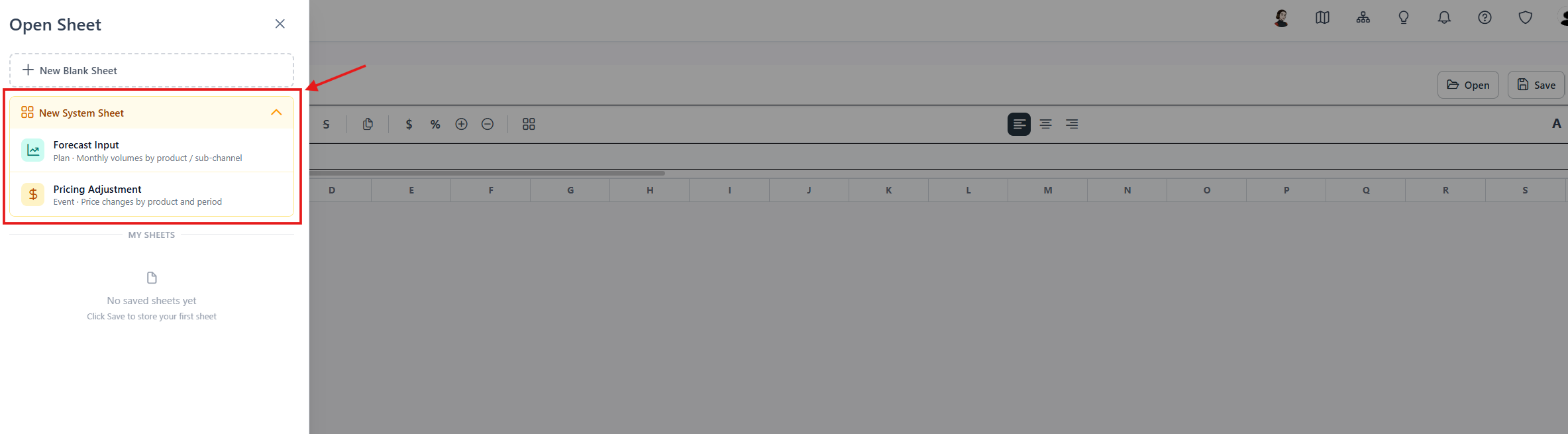 The New System Sheet template selector, showing the available templates alongside the option to create a plain blank sheet
