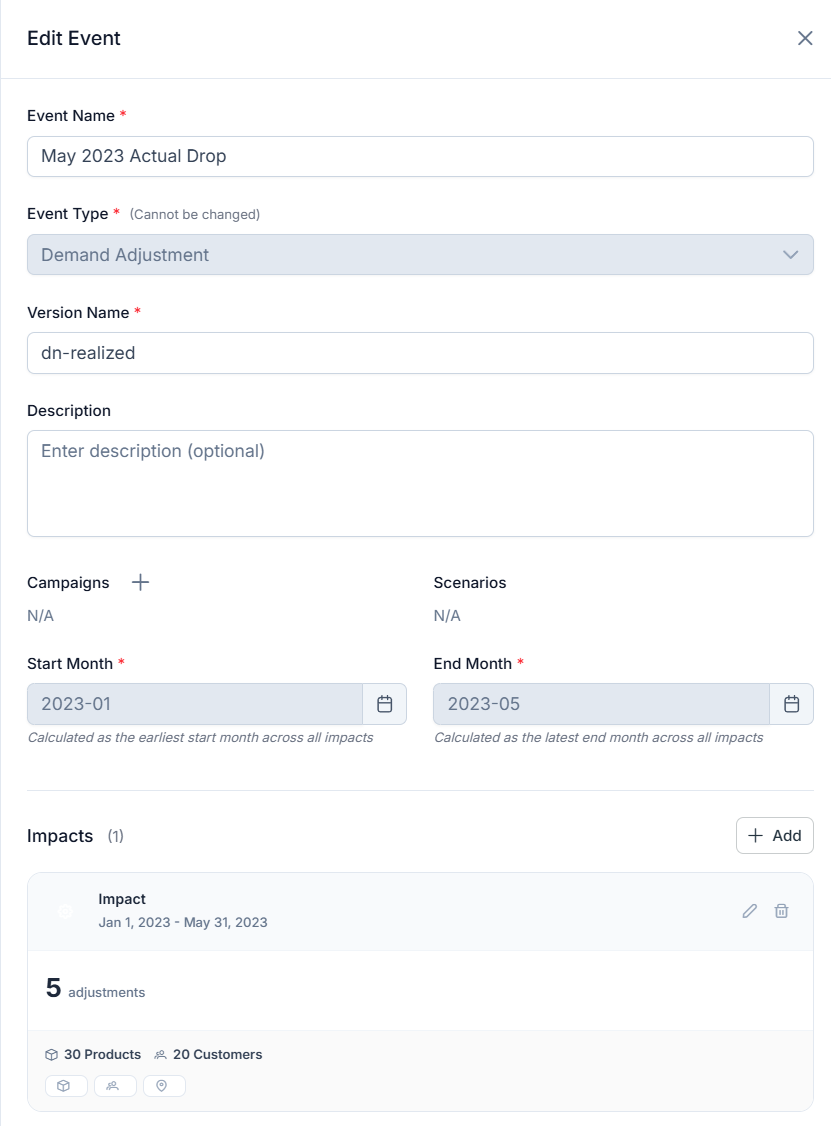 Event Management showing the original event and the new realized version saved alongside it