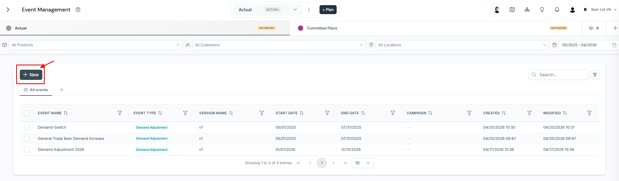 Event Management page listing existing events, with the New button highlighted