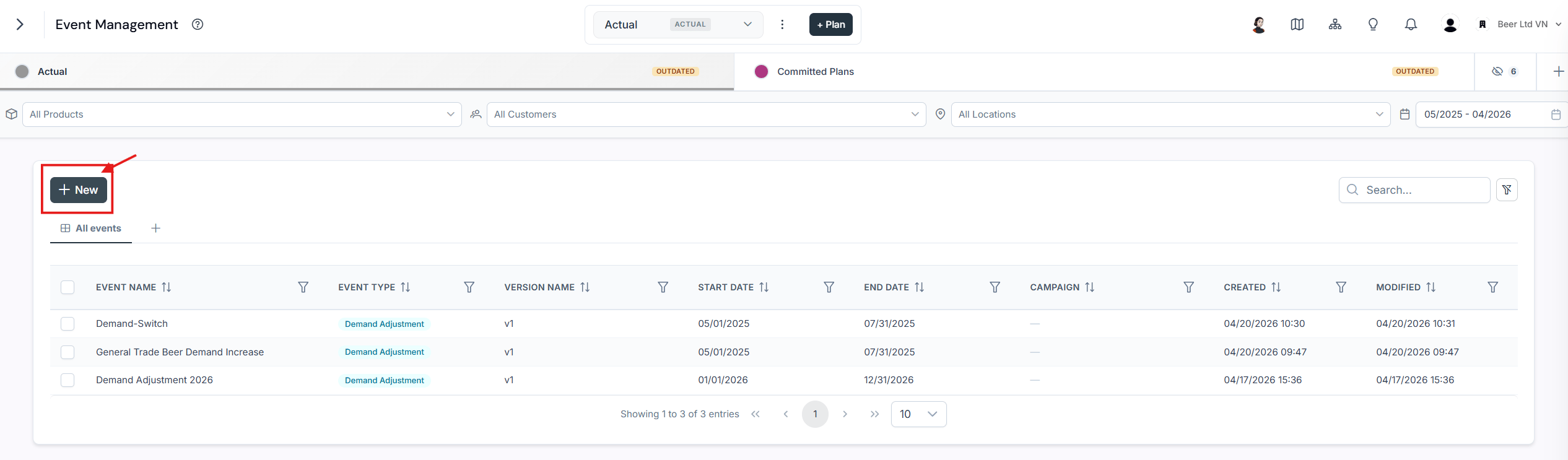 Event Management page listing existing events, with the New button highlighted