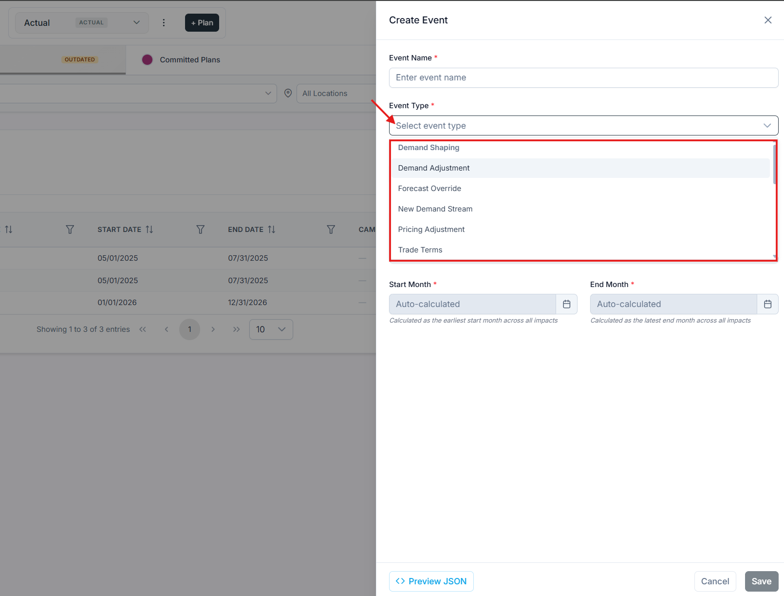 New event dialog showing the event type options: Demand Adjustment, New Demand Stream, Forecast Override, Pricing Adjustment, and Trade Terms