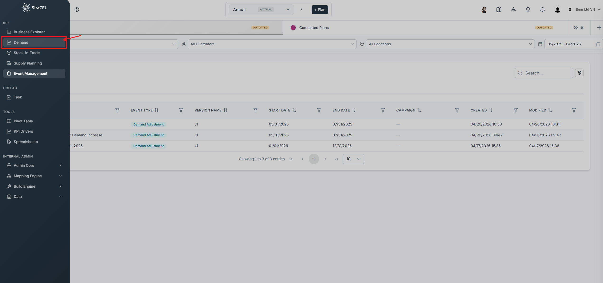 SIMCEL left sidebar with the Demand option selected, returning to the Demand Planning page