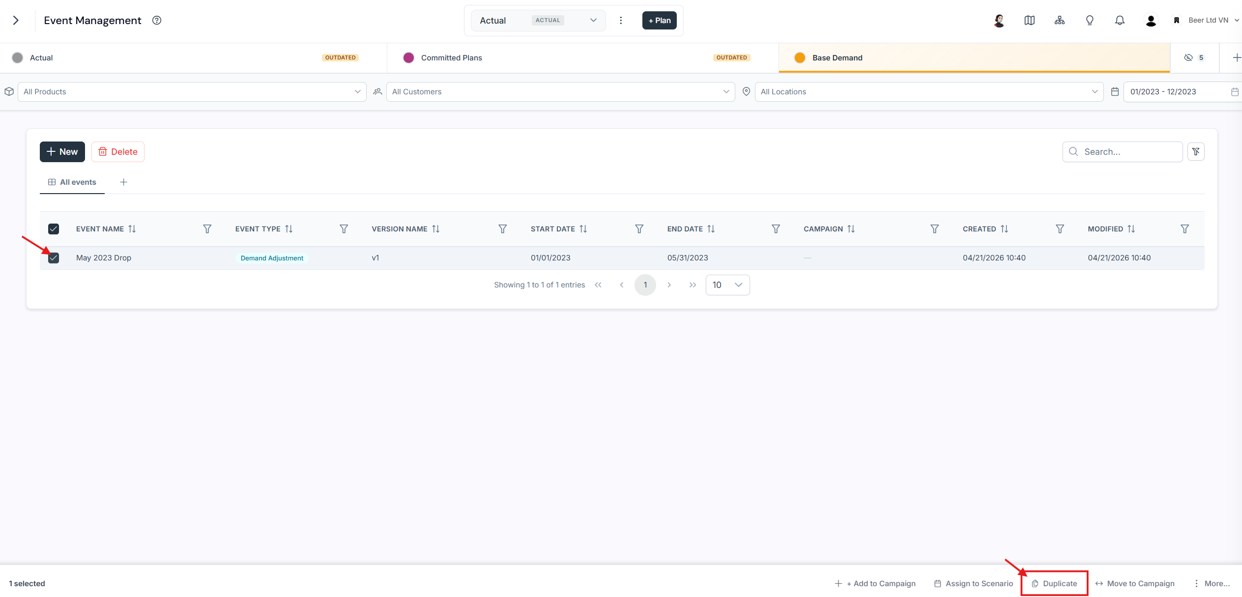 Event Management page with the May 2023 drop event expanded and the Duplicate action highlighted