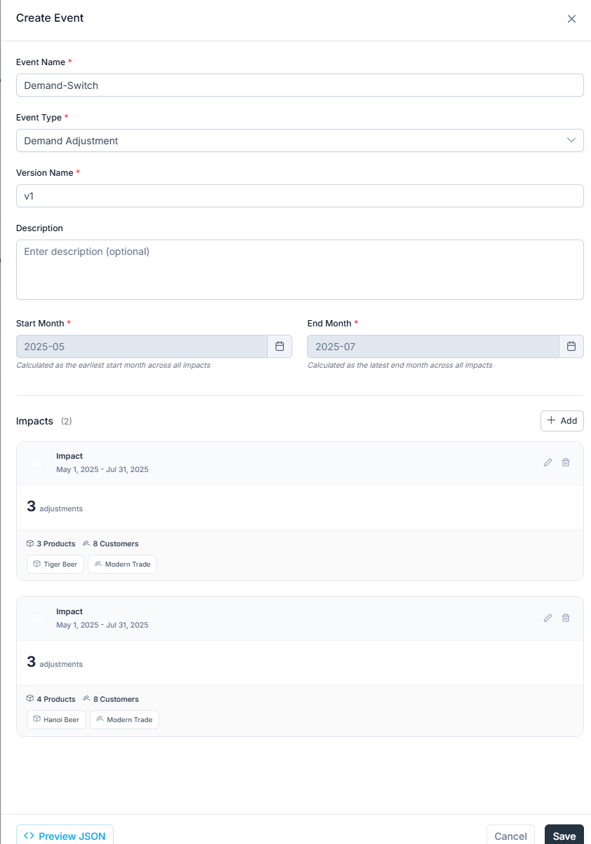 Event Management page showing the saved Demand-Switch event with both segment impacts listed