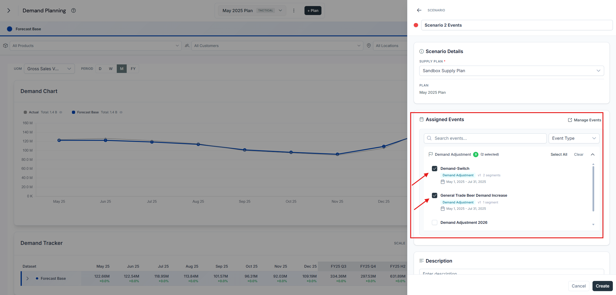 New scenario dialog named Scenario 2 Events with the General Trade Beer Demand Increase and Demand-Switch event versions selected