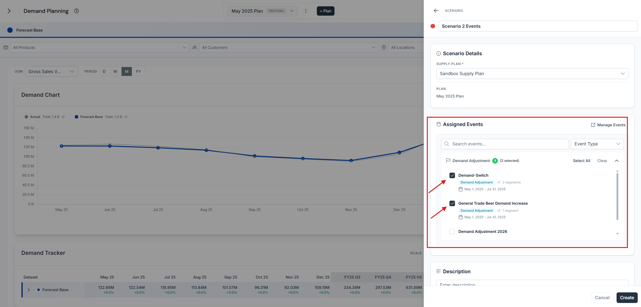 New scenario dialog named Scenario 2 Events with the General Trade Beer Demand Increase and Demand-Switch event versions selected
