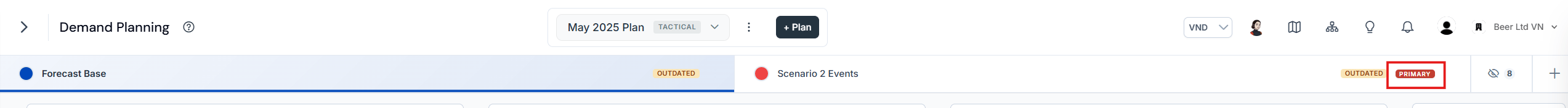Scenario list showing the selected scenario labelled with a Primary tag, marking it as the execution plan
