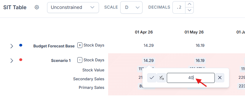 SIT table cell opened into an edit box with a new value being typed