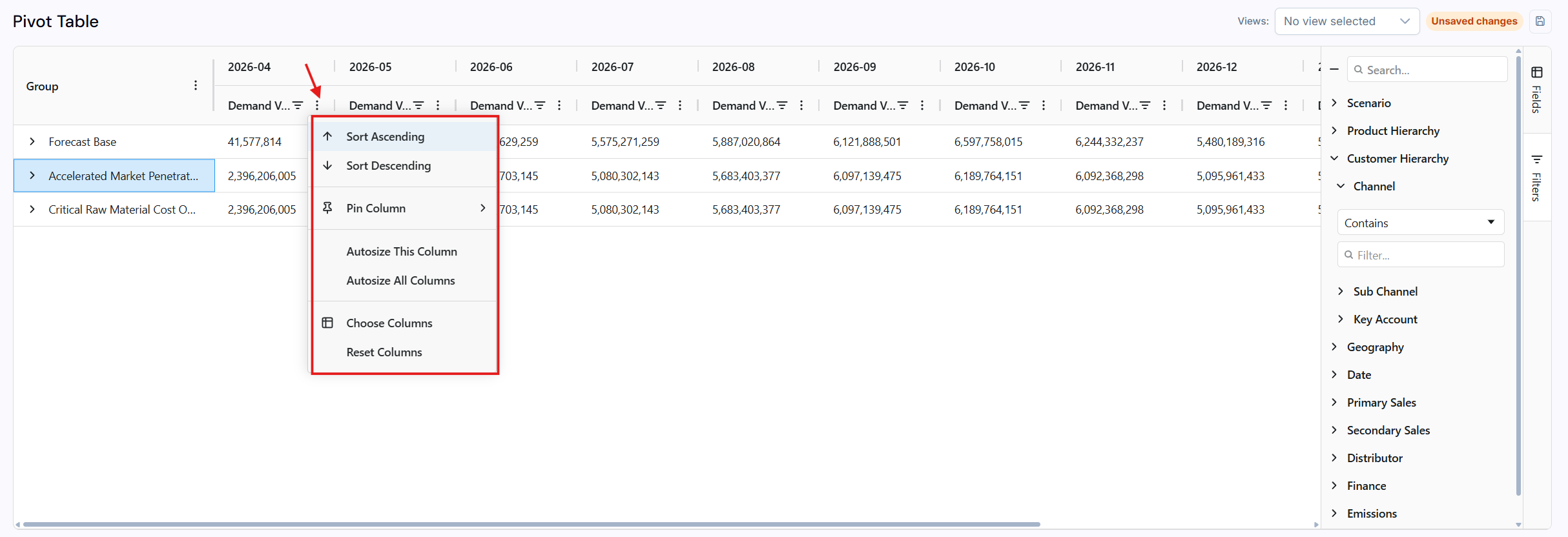 A Pivot Table field header with its sorting icon, used to sort the field ascending or descending