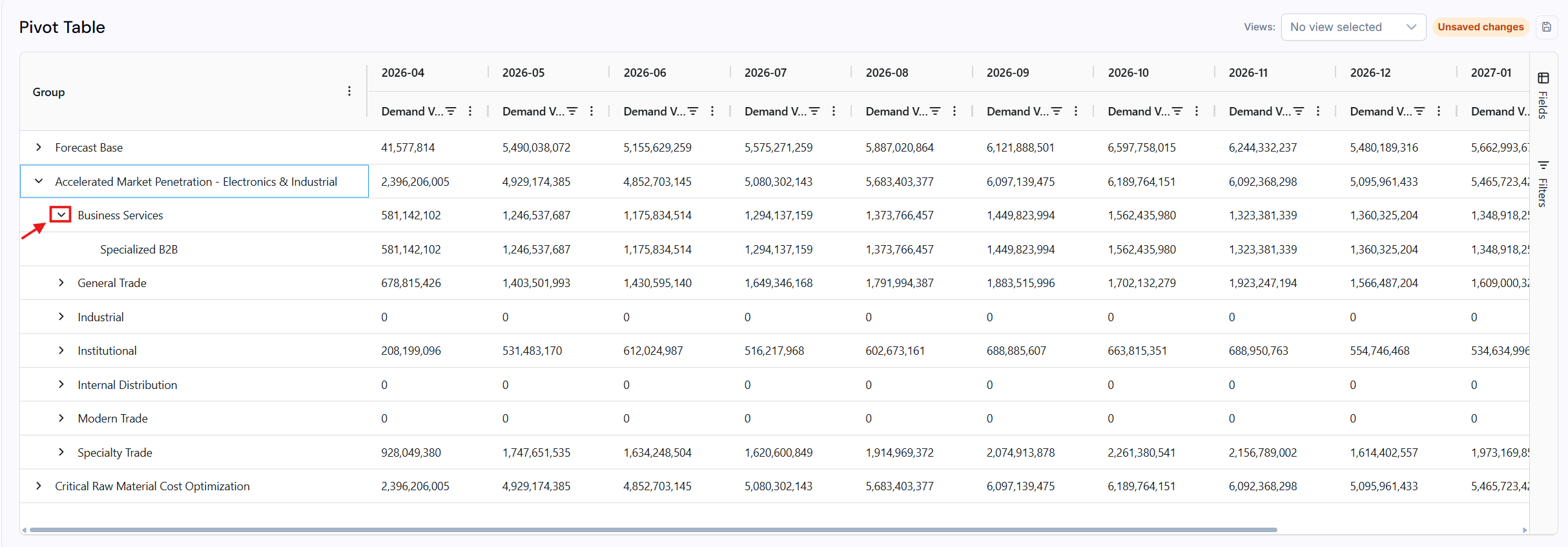 Pivot Table with a summary row expanded to show the detailed underlying records beneath it