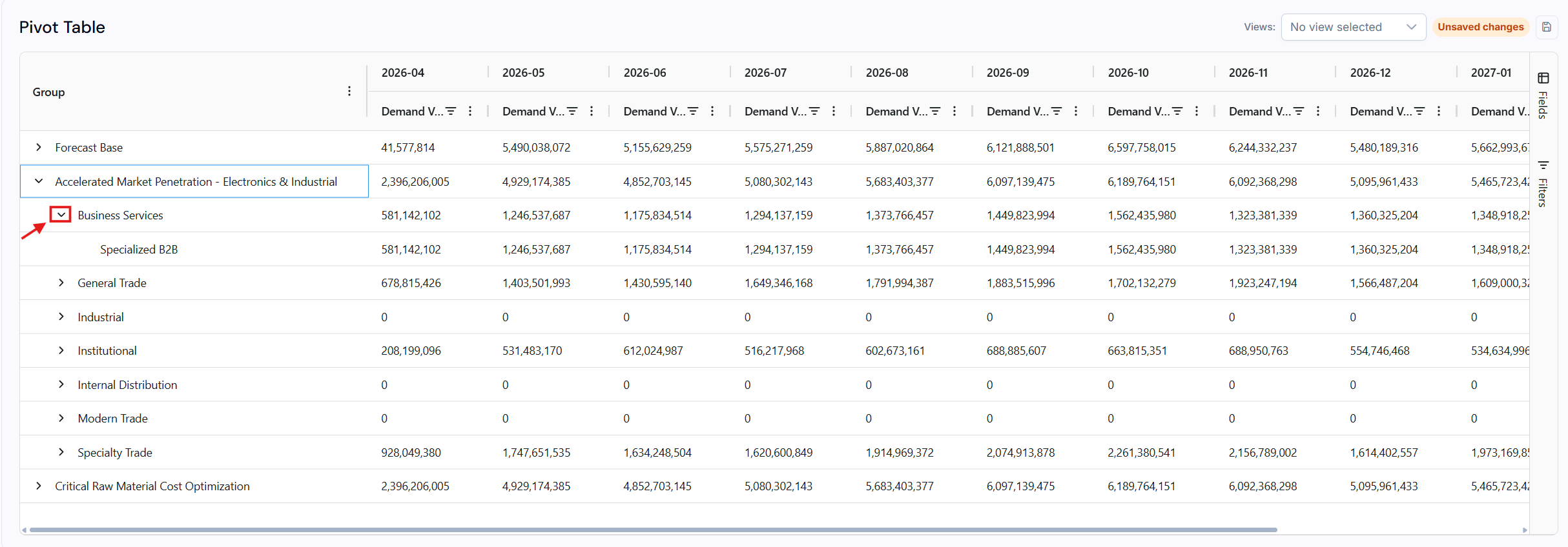 Pivot Table with a summary row expanded to show the detailed underlying records beneath it