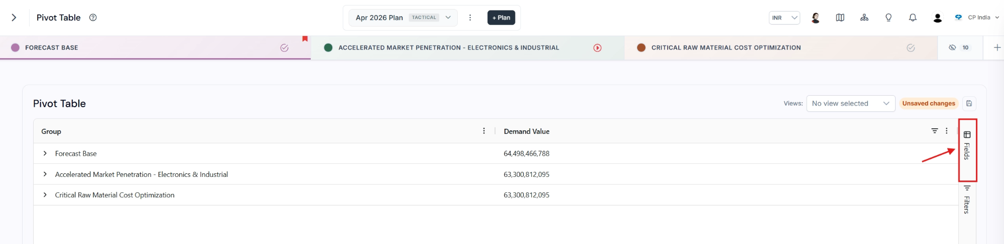 The right-side panel of the Pivot Table showing the Fields button used to open the Field List